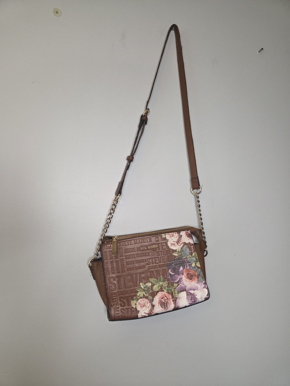 Steve Madden Brown Floral Crossbody Purse with Chain Strap